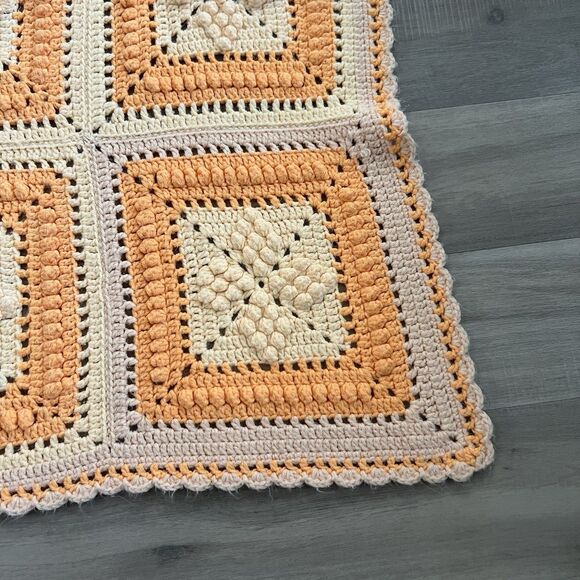 VTG Granny Square Crochet Afghan Quilt Blanket Throw Orange Peach 48” x 74” - Picture 3 of 4
